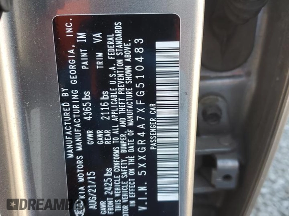 2015 Kia Optima SX with VIN 5XXGR4A7XFG510483, listed as a Copart auction lot 47249794 with 117,456 mi miles and Salvage Title. Bid and sale history available at carsss.com. Image 14.