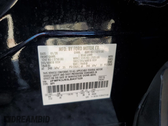 2020 Ford Edge SEL с VIN 2FMPK3J93LBA57329, выставлен на аукционе Copart как лот 56996185 с пробегом 120 631 миль миль и На запчасти • Non repairable. История ставок и продаж доступна на DreamBid. Изображение 13.
