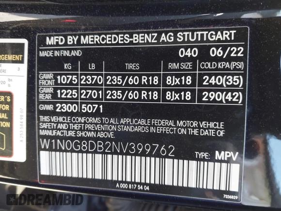 2022 Mercedes-Benz GLC 300 with VIN W1N0G8DB2NV399762, listed as a IAAI auction lot 42311304 with 20,421 mi miles and . Bid and sale history available at DreamBid. Image 9.