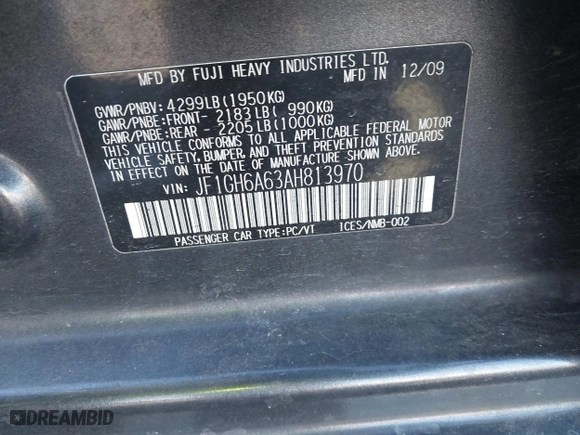 2010 Subaru Impreza Wagon i with VIN JF1GH6A63AH813970, listed as a IAAI auction lot 41283087 with 84,046 mi miles. Bid and sale history available at carsss.com. Image 9.