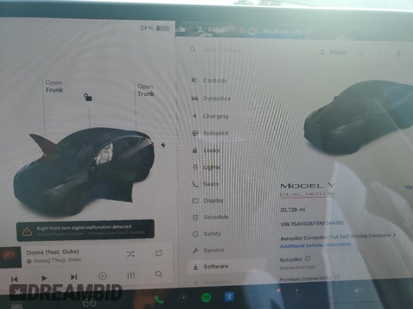2022 Tesla Model Y Performance with VIN 7SAYGDEF5NF344292, listed as a Copart auction lot 59153775 with Not provided miles and Salvage title. Bid and sale history available at DreamBid. Image 9.