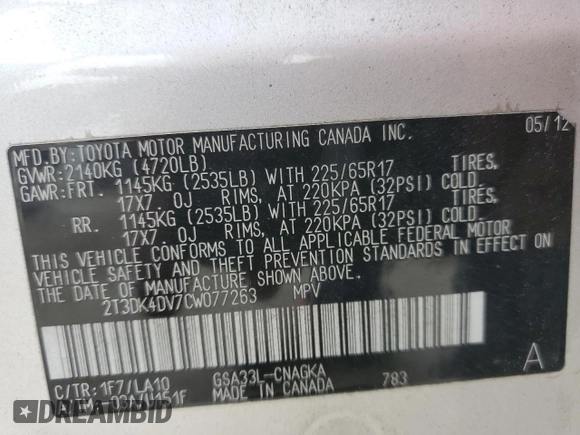 2012 Toyota RAV4 Limited with VIN 2T3DK4DV7CW077263, listed as a Copart auction lot 47029685 with 100,327 mi miles and Salvage Title. Bid and sale history available at carsss.com. Image 13.