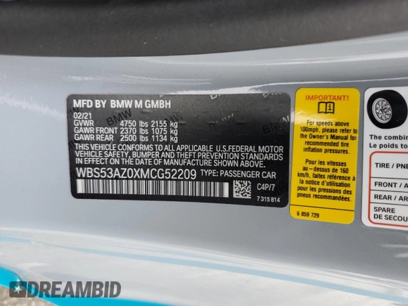 2021 BMW M4 with VIN WBS53AZ0XMCG52209, listed as a Copart auction lot 50234375 with 19,701 mi miles and Salvage title. Bid and sale history available at DreamBid. Image 15.