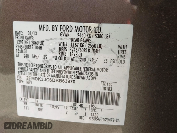 2013 Ford Edge SEL with VIN 2FMDK3JC6DBB63970, listed as a IAAI auction lot 41674827 with 75,303 mi miles. Bid and sale history available at carsss.com. Image 9.