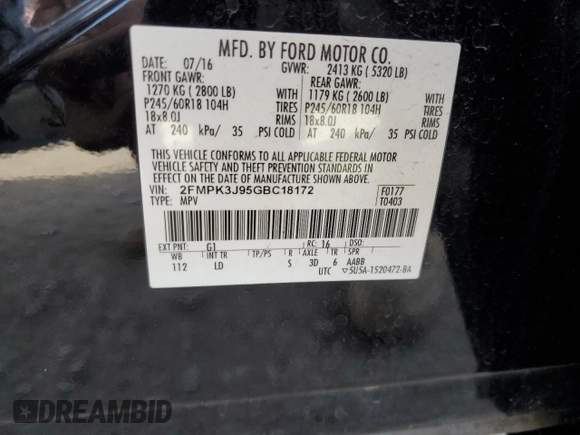 2016 Ford Edge SEL with VIN 2FMPK3J95GBC18172, listed as a Copart auction lot 48594205 with 63,122 mi miles and Salvage Title. Bid and sale history available at carsss.com. Image 13.
