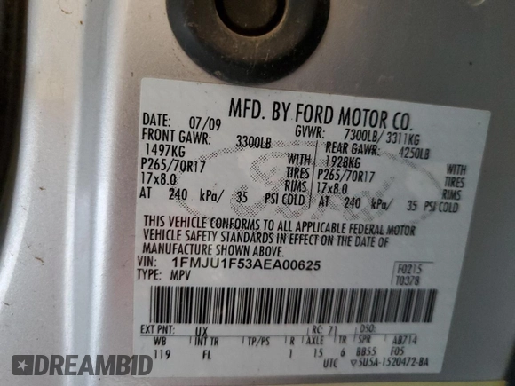 2010 Ford Expedition SSV with VIN 1FMJU1F53AEA00625, listed as a Copart auction lot 61420585 with 126,334 mi miles and Salvage title. Bid and sale history available at DreamBid. Image 13.