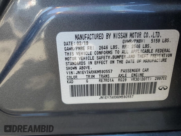 2019 Infiniti Q50 3.0t LUXE with VIN JN1EV7ARXKM590557, listed as a Copart auction lot 41850245 with 57,596 mi miles and Salvage Title. Bid and sale history available at carsss.com. Image 12.