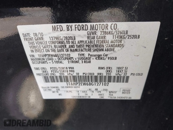 2011 Ford Taurus SEL with VIN 1FAHP2EW6BG127102, listed as a IAAI auction lot 42131123 with 168,965 mi miles. Bid and sale history available at carsss.com. Image 9.
