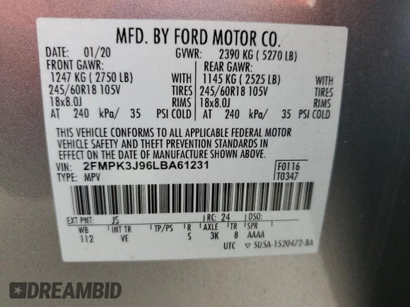 2020 Ford Edge SEL with VIN 2FMPK3J96LBA61231, listed as a Copart auction lot 51021855 with Not provided miles and Non repairable. Bid and sale history available at DreamBid. Image 14.