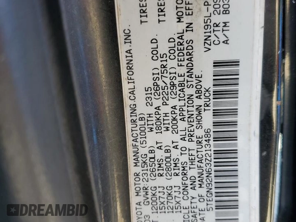 2003 Toyota Tacoma PreRunner z VIN 5TEGN92N63Z213486, wystawiony jako Copart lot #51356715 z przebiegiem 257 994 mil mil oraz Szkoda całkowita • Salvage title. Historia ofert i sprzedaży dostępna na DreamBid. Obrazek 12.