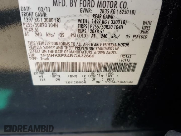 2011 Ford Explorer Limited with VIN 1FMHK8F84BGA32660, listed as a Copart auction lot 64123145 with 160,798 mi miles and Salvage title. Bid and sale history available at DreamBid. Image 13.