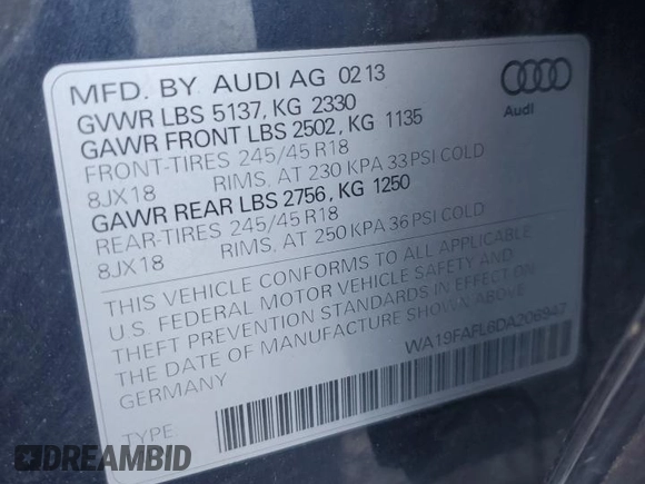 2013 Audi allroad A4 Premium z VIN WA19FAFL6DA206947, wystawiony jako Copart lot #71966754 z przebiegiem 116 617 mil mil oraz Szkoda całkowita • Salvage title. Historia ofert i sprzedaży dostępna na DreamBid. Obrazek 13.
