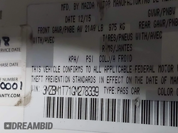 2016 Mazda Mazda3 i Sport with VIN 3MZBM1T71GM278339, listed as a IAAI auction lot 41129198 with 115,393 mi miles. Bid and sale history available at carsss.com. Image 9.