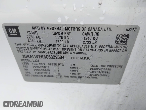 2012 GMC Terrain SLT-2 with VIN 2GKALWEK8C6322684, listed as a IAAI auction lot 42101362 with 119,110 mi miles and . Bid and sale history available at carsss.com. Image 9.