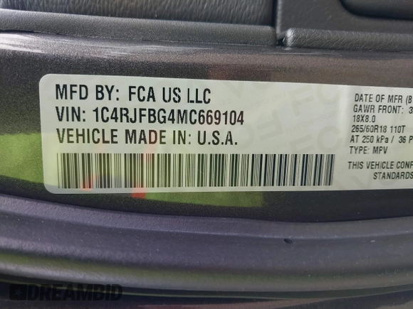 2021 Jeep Grand Cherokee 80th Anniversary with VIN 1C4RJFBG4MC669104, listed as a IAAI auction lot 42319682 with 37,397 mi miles and . Bid and sale history available at DreamBid. Image 9.