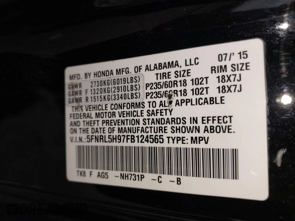 2015 Honda Odyssey Touring Elite with VIN 5FNRL5H97FB124565, listed as a IAAI auction lot 42358412 with 206,444 mi miles and . Bid and sale history available at DreamBid. Image 9.
