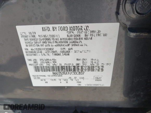 2020 Ford EcoSport SE with VIN MAJ3S2GE1LC333837, listed as a IAAI auction lot 41786054 with 28,134 mi miles. Bid and sale history available at carsss.com. Image 9.