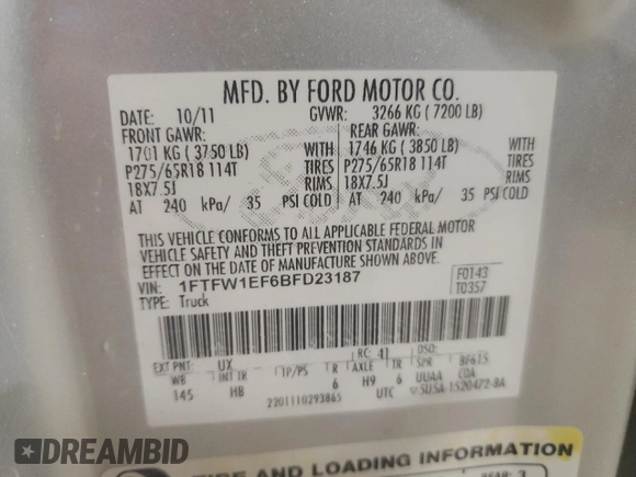 2011 Ford F-150 XL with VIN 1FTFW1EF6BFD23187, listed as a Copart auction lot 42460935 with 233,683 mi miles and Clean Title. Bid and sale history available at carsss.com. Image 12.