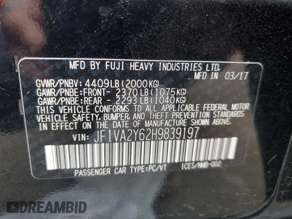 2017 Subaru WRX STI Limited with VIN JF1VA2Y62H9839197, listed as a Copart auction lot 85017724 with 79,774 mi miles and Salvage Title. Bid and sale history available at carsss.com. Image 14.