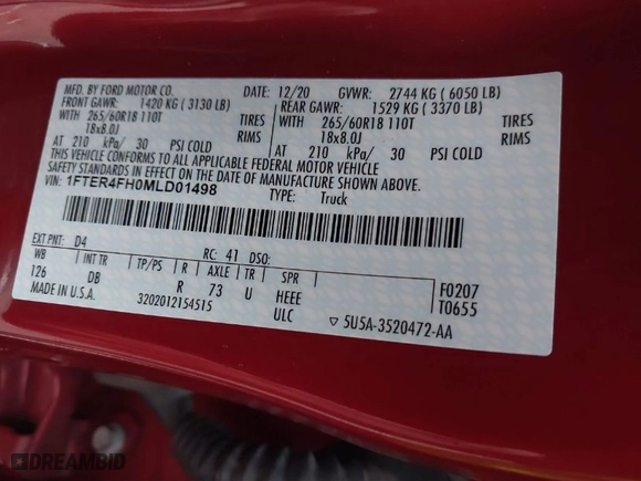2021 Ford Ranger XL with VIN 1FTER4FH0MLD01498, listed as a IAAI auction lot 41655378 with 52838 miles. Bid and sale history available at carsss.com. Image 9.