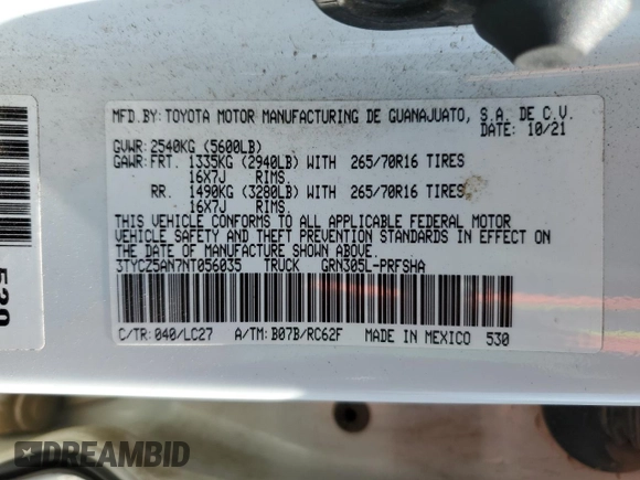 2022 Toyota Tacoma SR with VIN 3TYCZ5AN7NT056035, listed as a Copart auction lot 55510145 with 42,897 mi miles and Salvage title. Bid and sale history available at DreamBid. Image 12.