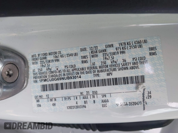 2022 Ford Escape SE with VIN 1FMCU0G69NUB93014, listed as a IAAI auction lot 42190747 with 133,828 mi miles and . Bid and sale history available at DreamBid. Image 9.