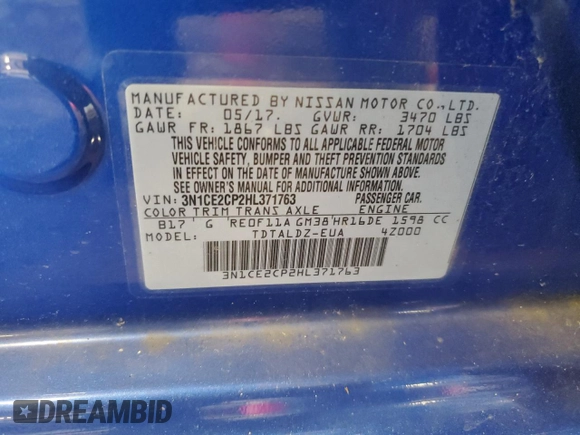 2017 Nissan Note S Plus with VIN 3N1CE2CP2HL371763, listed as a Copart auction lot 62578515 with 88,730 mi miles and Salvage title. Bid and sale history available at DreamBid. Image 12.