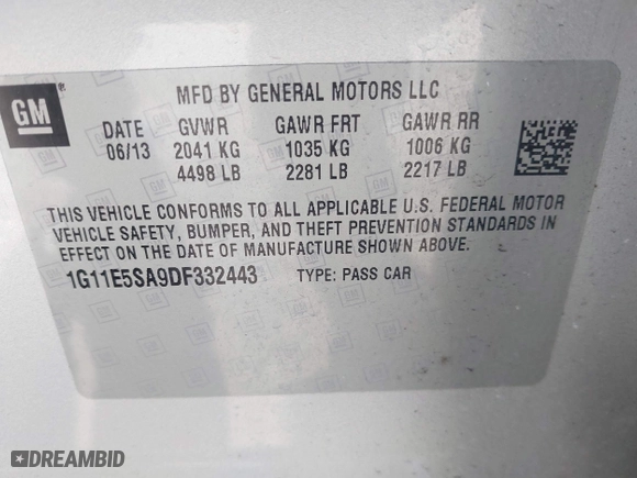 2013 Chevrolet Malibu LT with VIN 1G11E5SA9DF332443, listed as a IAAI auction lot 41853909 with 269,618 mi miles. Bid and sale history available at carsss.com. Image 9.