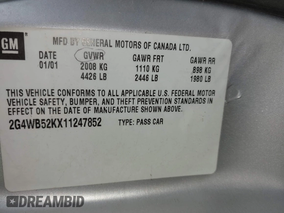 2001 Buick Regal LS z VIN 2G4WB52KX11247852, wystawiony jako IAAI lot #42219941 z przebiegiem Nie podano mil oraz . Historia ofert i sprzedaży dostępna na DreamBid. Obrazek 9.