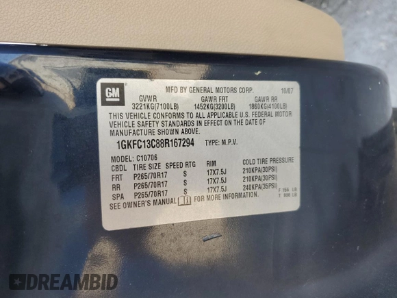 2008 GMC Yukon SLE w/3SA with VIN 1GKFC13C88R167294, listed as a Copart auction lot 50894945 with 207,268 mi miles and Salvage Title. Bid and sale history available at carsss.com. Image 14.