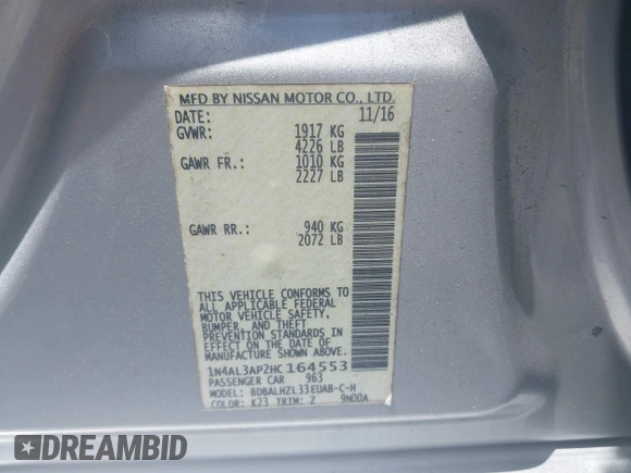 2017 Nissan Altima SV with VIN 1N4AL3AP2HC164553, listed as a IAAI auction lot 42215405 with 117,736 mi miles and . Bid and sale history available at DreamBid. Image 9.