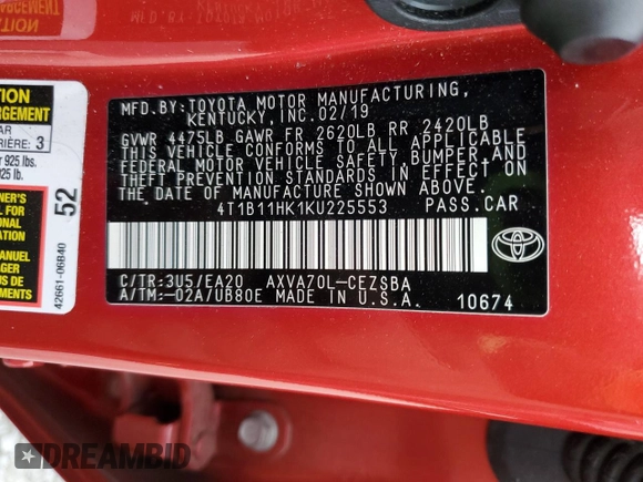 2019 Toyota Camry LE with VIN 4T1B11HK1KU225553, listed as a Copart auction lot 53112495 with 67,886 mi miles and Salvage Title. Bid and sale history available at carsss.com. Image 12.