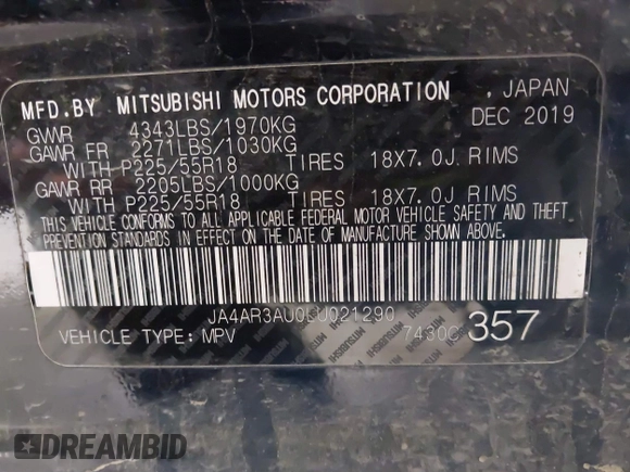 2020 Mitsubishi Outlander Sport ES 2.0 with VIN JA4AR3AU0LU021290, listed as a IAAI auction lot 41425631 with 62,304 mi miles. Bid and sale history available at carsss.com. Image 9.
