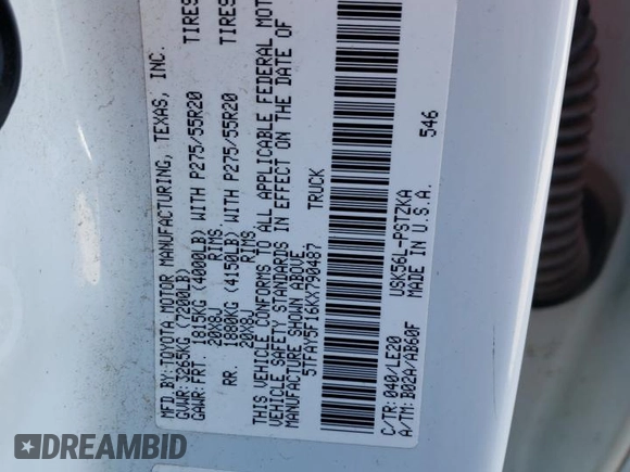 2019 Toyota Tundra SR5 z VIN 5TFAY5F16KX790487, wystawiony jako Copart lot #82783094 z przebiegiem 104 229 mil mil oraz Nie do naprawy • Non repairable. Historia ofert i sprzedaży dostępna na DreamBid. Obrazek 12.