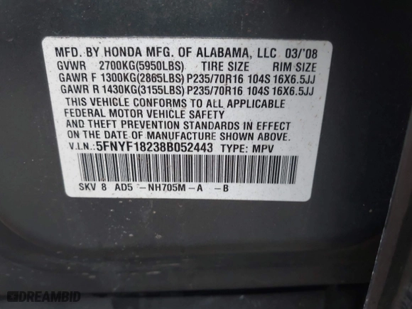 2008 Honda Pilot VP with VIN 5FNYF18238B052443, listed as a IAAI auction lot 41993151 with 105,671 mi miles. Bid and sale history available at carsss.com. Image 9.