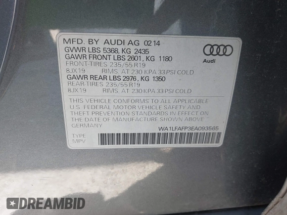 2014 Audi Q5 Premium Plus with VIN WA1LFAFP3EA093565, listed as a IAAI auction lot 42487613 with 174,271 mi miles and . Bid and sale history available at DreamBid. Image 9.