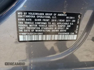 2012 Volkswagen Passat SE with VIN 1VWBP7A32CC012561, listed as a Copart auction lot 52325914 with 0 mi miles and Non Repairable. Bid and sale history available at carsss.com. Image 10.