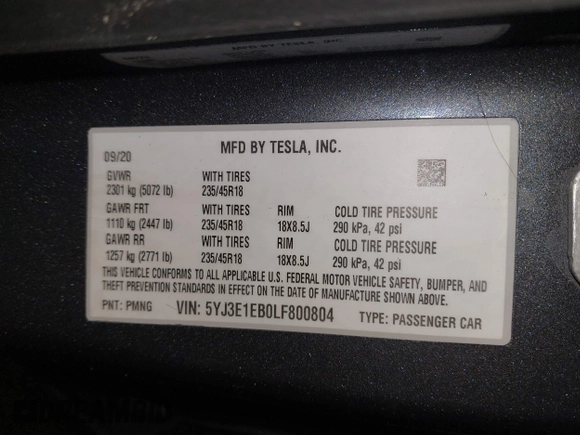 2020 Tesla Model 3 Long Range z VIN 5YJ3E1EB0LF800804, wystawiony jako IAAI lot #42137223 z przebiegiem 52 482 mil mil oraz . Historia ofert i sprzedaży dostępna na DreamBid. Obrazek 9.