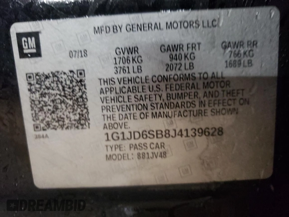 2018 Chevrolet Sonic LT z VIN 1G1JD6SB8J4139628, wystawiony jako Copart lot #84888984 z przebiegiem 81 790 mil mil oraz Szkoda całkowita • Salvage title. Historia ofert i sprzedaży dostępna na DreamBid. Obrazek 12.