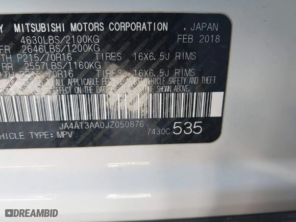 2018 Mitsubishi Eclipse Cross ES with VIN JA4AT3AA0JZ050876, listed as a IAAI auction lot 41407284 with 62,928 mi miles. Bid and sale history available at carsss.com. Image 9.