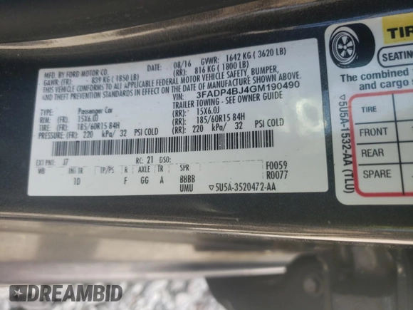 2016 Ford Fiesta SE with VIN 3FADP4BJ4GM190490, listed as a Copart auction lot 49340415 with 91,062 mi miles and Salvage Title. Bid and sale history available at DreamBid. Image 14.