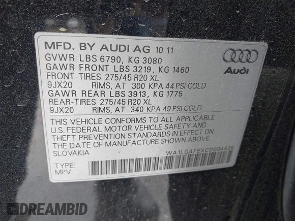 2012 Audi Q7 3.0T Premium Plus with VIN WA1LGAFEXCD004436, listed as a IAAI auction lot 41896760 with 140,500 mi miles. Bid and sale history available at carsss.com. Image 9.