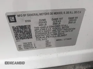 2020 GMC Terrain SLT with VIN 3GKALPEV1LL312607, listed as a IAAI auction lot 42152416 with 87,611 mi miles and . Bid and sale history available at DreamBid. Image 9.