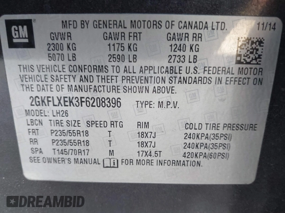 2015 GMC Terrain SLT with VIN 2GKFLXEK3F6208396, listed as a IAAI auction lot 41748184 with 168,426 mi miles and . Bid and sale history available at carsss.com. Image 9.