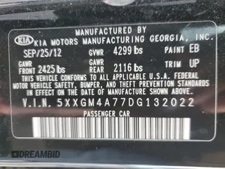 2013 Kia Optima LX z VIN 5XXGM4A77DG132022, wystawiony jako Copart lot #52178515 z przebiegiem 143 611 mil mil oraz Szkoda całkowita • Salvage title. Historia ofert i sprzedaży dostępna na DreamBid. Obrazek 15.