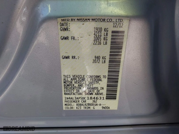 2013 Nissan Altima 2.5 S with VIN 1N4AL3AP5DC184631, listed as a IAAI auction lot 41880144 with 157,603 mi miles. Bid and sale history available at carsss.com. Image 9.