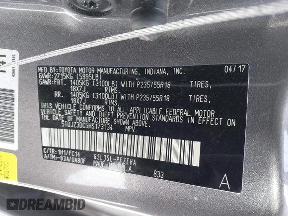 2017 Toyota Sienna LE with VIN 5TDJZ3DC5HS173134, listed as a IAAI auction lot 41256534 with 70,940 mi miles. Bid and sale history available at carsss.com. Image 9.