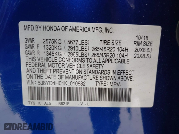 2019 Acura MDX Technology with VIN 5J8YD4H01KL010882, listed as a IAAI auction lot 41240273 with 46,744 mi miles and . Bid and sale history available at DreamBid. Image 9.