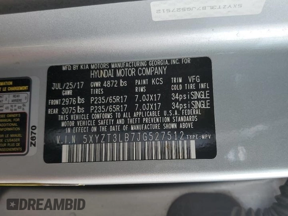 2018 Hyundai Santa Fe 2.4L with VIN 5XYZT3LB7JG527512, listed as a Copart auction lot 53291345 with 97,016 mi miles and Salvage title. Bid and sale history available at DreamBid. Image 13.
