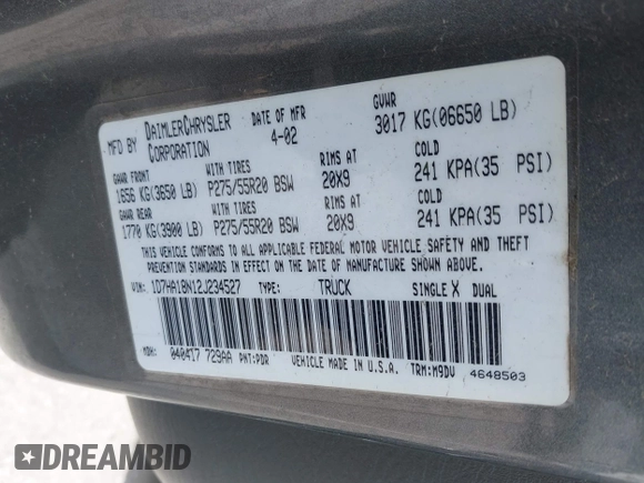2002 Dodge 1500 z VIN 1D7HA18N12J234527, wystawiony jako IAAI lot #42144988 z przebiegiem 232 936 mil mil oraz . Historia ofert i sprzedaży dostępna na DreamBid. Obrazek 9.